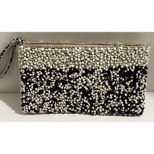 Vintage Black White Beige Beaded Wristlet Clutch Purse Small Evening Bag 8”x4.5”